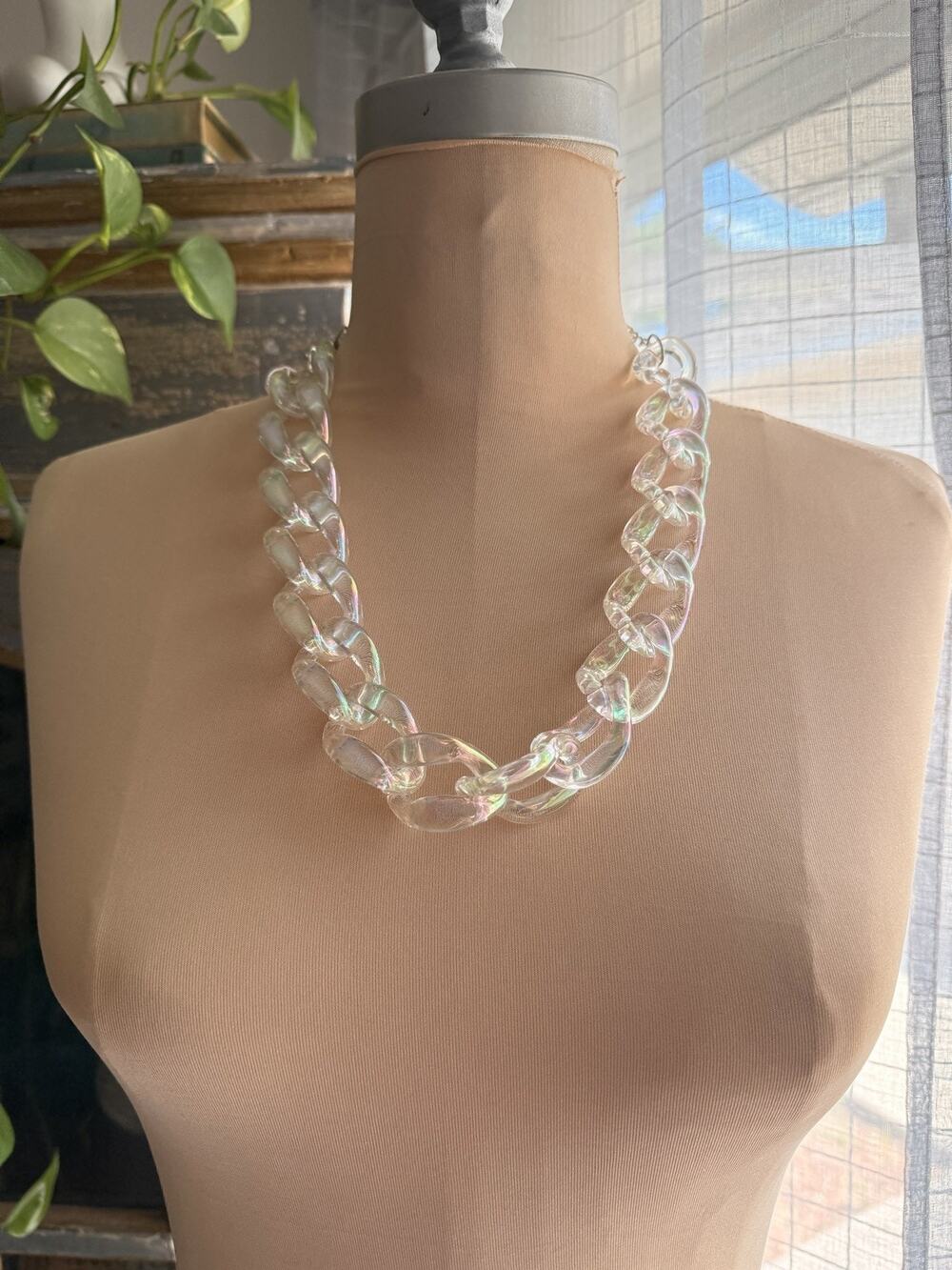 Vintage 80s-90s Transparent Clear Iridescent Miami Cuban Link Chain Necklace 22”